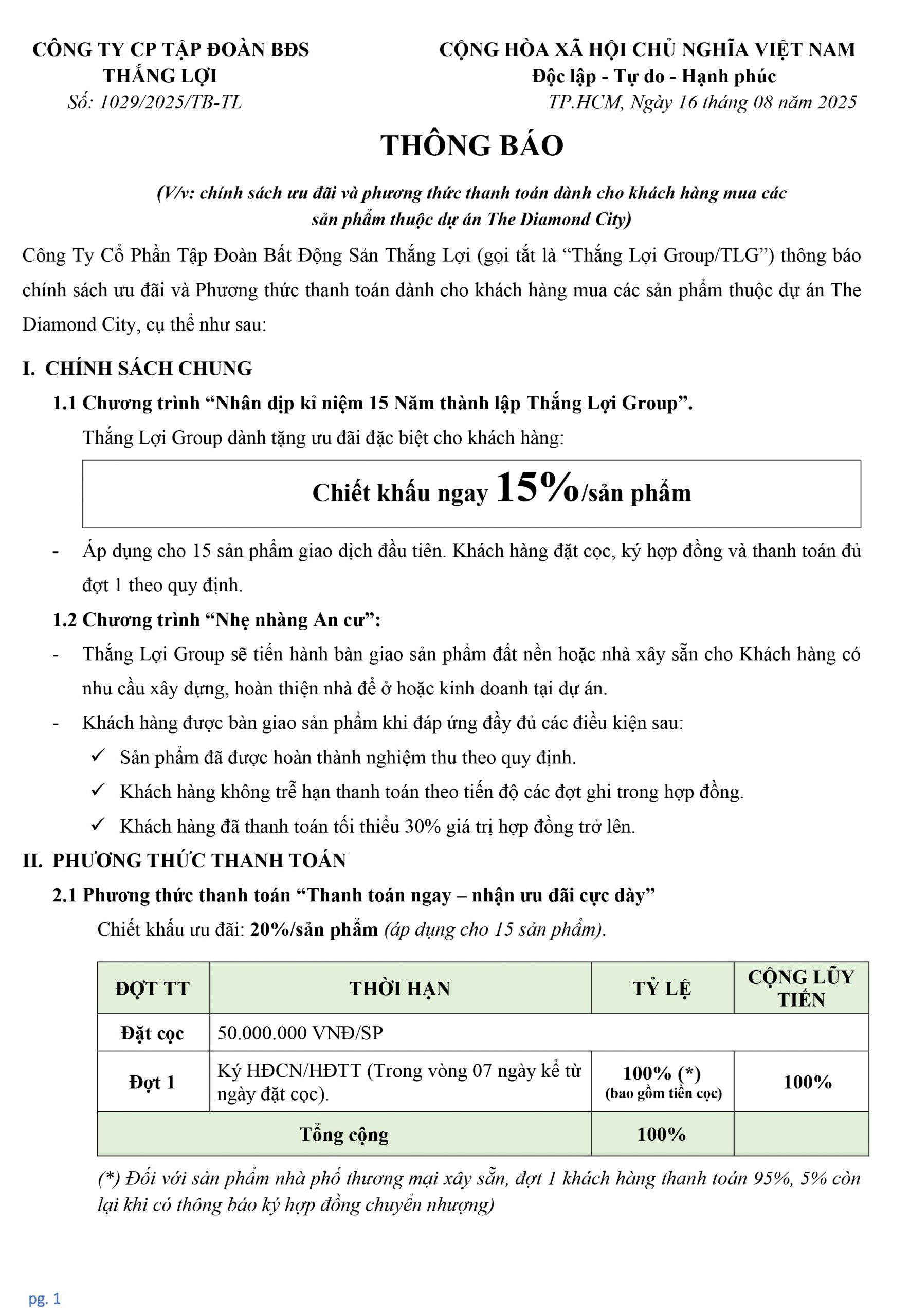 chính sách Dự án Khu Dân Cư Quốc Linh diamond city thắng lợi group