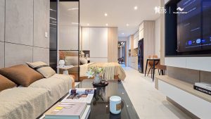 Nhà mẫu căn hộ Studio The Win City – không gian tổng thể phòng ngủ và phòng khách